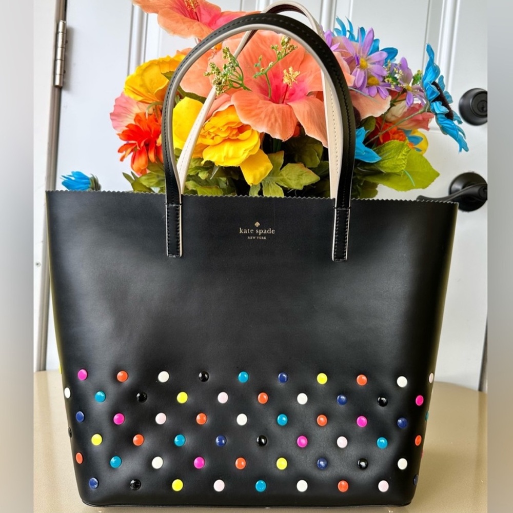 Kate Spade NEW Black Leather Multicolor Dots Tote Bag, Dust Bag Included